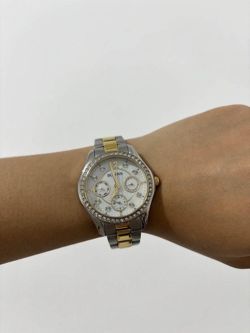 Bulova Two-Tone Crystal Watch (Category: Women's Watches) located in Pasig City. Submitted by bmdboutique (Listing ID 1471228188, Image 1). Description: Rfs: need funds Dm for more photos and inquiry.