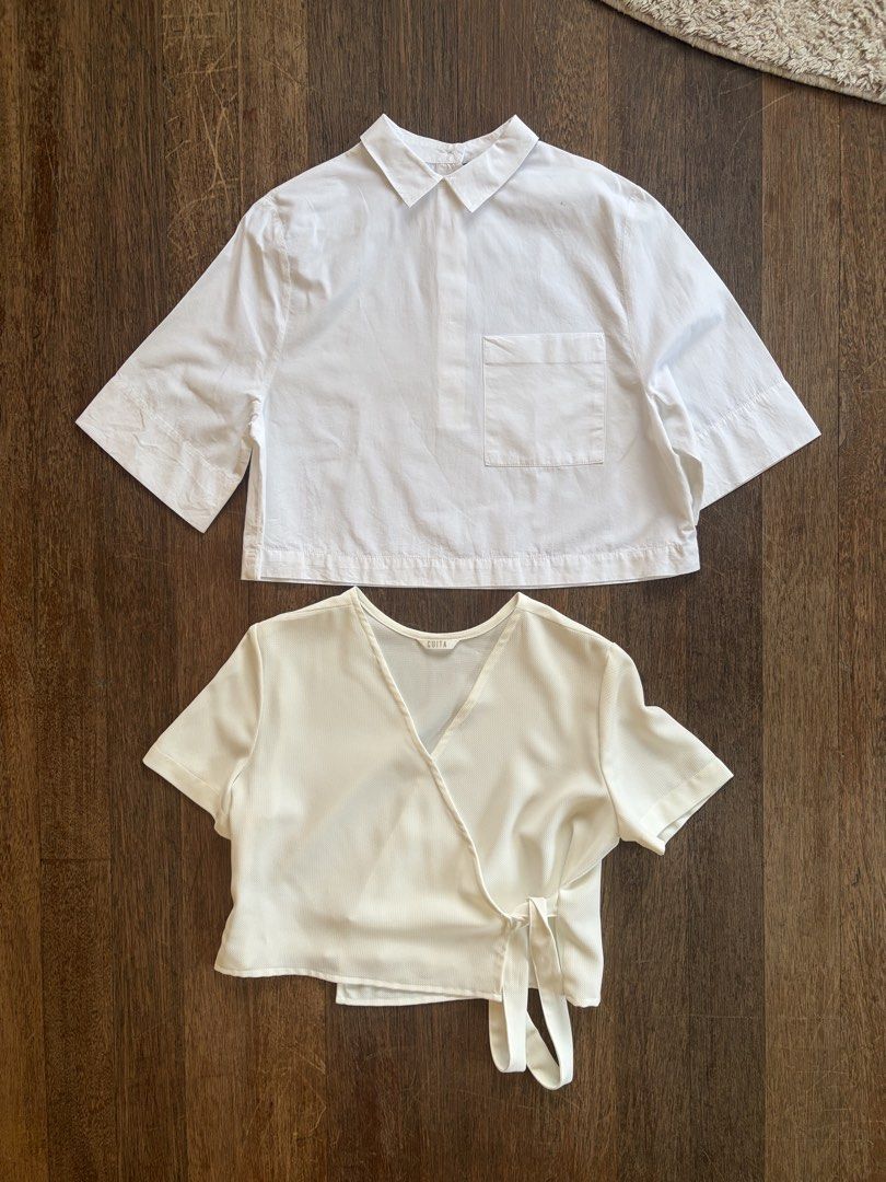Bundle: White Wrap Crop Top and White Collared Shirt (Category: Blouses) located in Cebu City. Submitted by wearjane.54 (Listing ID 1471124529, Image 1). Description: - Bundle of 2 white tops - Item 1: Cropped wrap top with side tie - Item 2: Short-sleeve collared shirt with chest pocket - Flaw note: Small spot near the collar of the button-up shirt - Both are lightweight and easy to style with high-waist bottoms - Clean overall condition.