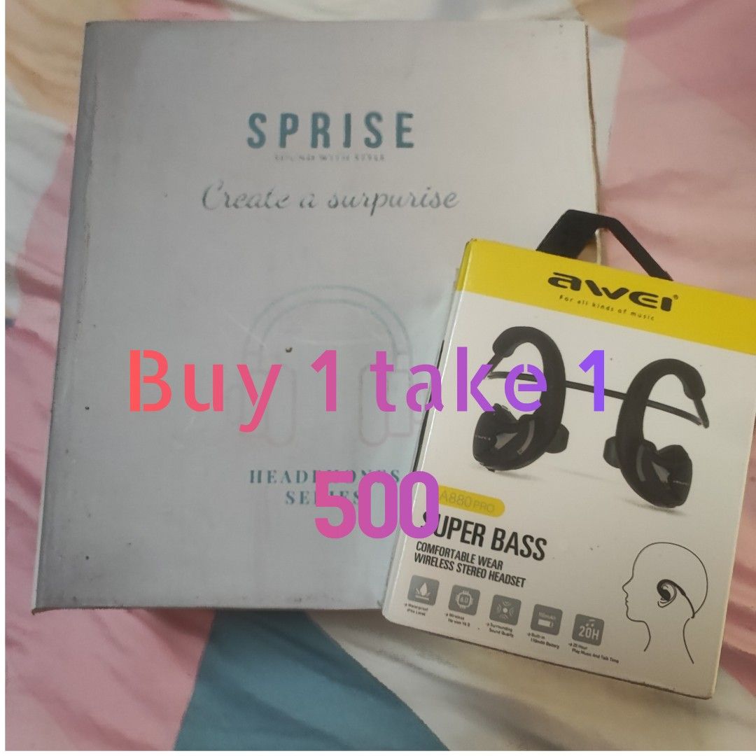 Buy 1 Take 1 SPRISE and Wireless Earbuds Bundle (Category: Headphones & Headsets) located in Manila. Submitted by jayclutter (Listing ID 1471168857, Image 1). Description: - BOGO Audio Bundle: Get a large SPRISE Headphones box + your choice of wireless earbuds - Earbud options: Awei A880 Pro, Realfit F2, or Philips - Price: Only ₱500 for everything! - Condition: Brand new and great value for multiple audio accessories.