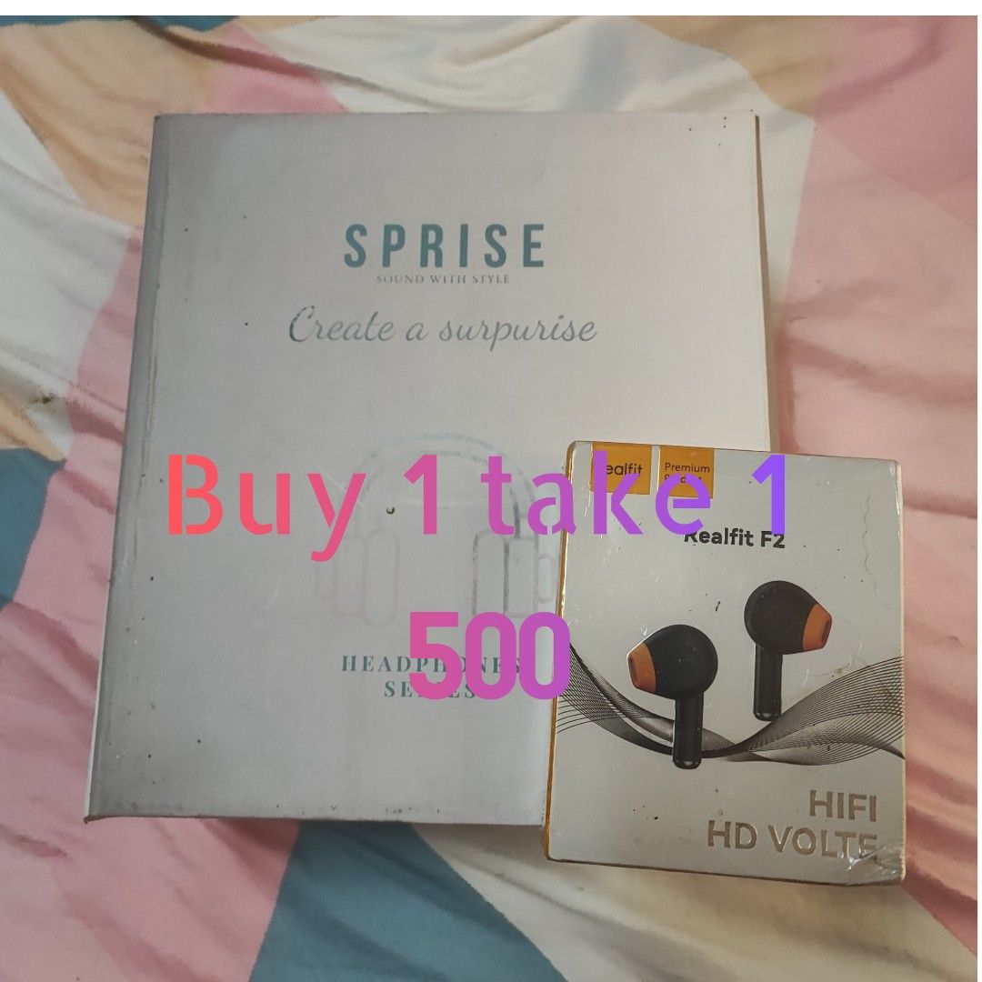Buy 1 Take 1 SPRISE and Wireless Earbuds Bundle (Category: Headphones & Headsets) located in Manila. Submitted by jayclutter (Listing ID 1471168857, Image 2). Description: - BOGO Audio Bundle: Get a large SPRISE Headphones box + your choice of wireless earbuds - Earbud options: Awei A880 Pro, Realfit F2, or Philips - Price: Only ₱500 for everything! - Condition: Brand new and great value for multiple audio accessories.