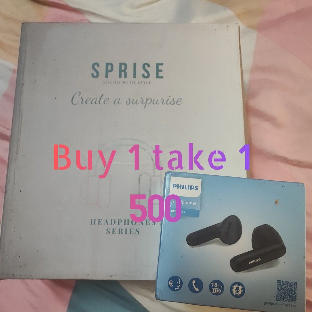 Buy 1 Take 1 SPRISE and Wireless Earbuds Bundle (Category: Headphones & Headsets) located in Manila. Submitted by jayclutter (Listing ID 1471168857, Image 3). Description: - BOGO Audio Bundle: Get a large SPRISE Headphones box + your choice of wireless earbuds - Earbud options: Awei A880 Pro, Realfit F2, or Philips - Price: Only ₱500 for everything! - Condition: Brand new and great value for multiple audio accessories.