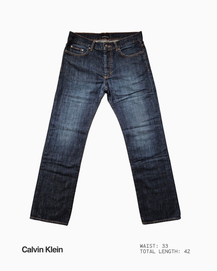 Calvin Klein Jeans (Mens) (Category: Jeans) located in Manila. Submitted by studiothrifty (Listing ID 1471223833, Image 1). Description: Calvin Klein Jeans waist - 33in length - 42in Details: Button Fly Tan Leather Patch Made in Mauritius Message for more photos or inquiries .