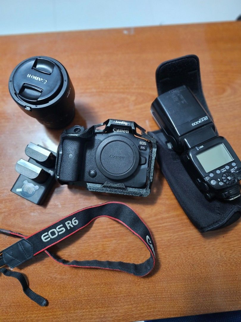 Canon EOS R6 Camera Bundle with Lens and Flash (Category: Cameras) located in Quezon City. Submitted by jerome2929 (Listing ID 1471201784, Image 1). Description: - Canon EOS R6 mirrorless camera body with SmallRig cage (minor wear from normal use) - Canon 24-105mm zoom lens with hood (clean glass) - Canon Speedlite 600EX-RT flash with pouch - Dual battery charger and EOS R6 neck strap included - Fully tested, powers up, and functions normally - C