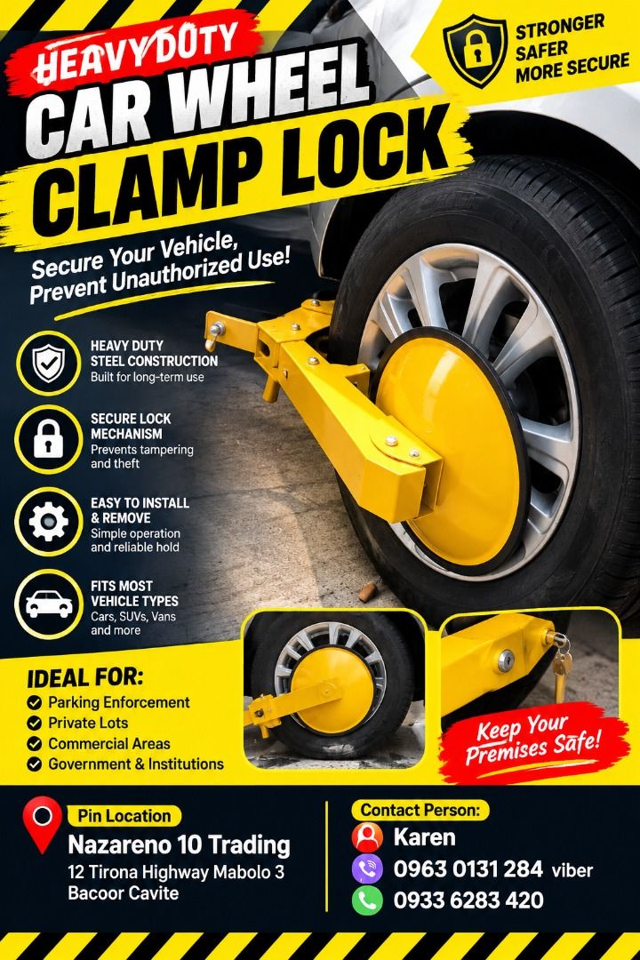 Car Wheel Clamp Lock (Category: Looking For) located in Bacoor. Submitted by kajezame.2021 (Listing ID 1471131770, Image 1). Description: Car Wheel Clamp Lock For More Details and Discount Contact Ms. Karen NAZARENO 10 TRADING 0963 0131 284 0933 6283 420 0956 7028 557 0933 8559 510 Landline: Look for Ms. Karen (046 ) 416 3920 Also available: • Traffic cone • Parking Block stopper • Hooded trash bin • Road Plastic Barrier • Spill boom • Fishing bu