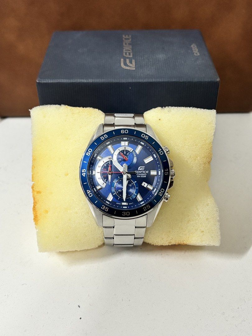 Casio Edifice Blue Chronograph Watch with Box and Extra Links (Category: Men's Watches) located in Manila. Submitted by mharkie (Listing ID 1471285491, Image 2). Description: - Model: Casio Edifice Chronograph Watch - Dial: Striking blue with chronograph sub-dials and date indicator - Condition: Fully functional, minor wear on the clasp - Inclusions: Original box, instruction manual, and extra bracelet links in plastic package NEGOTIABLE PRICE .