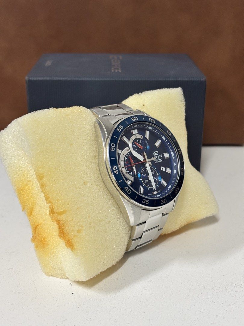 Casio Edifice Blue Chronograph Watch with Box and Extra Links (Category: Men's Watches) located in Manila. Submitted by mharkie (Listing ID 1471285491, Image 3). Description: - Model: Casio Edifice Chronograph Watch - Dial: Striking blue with chronograph sub-dials and date indicator - Condition: Fully functional, minor wear on the clasp - Inclusions: Original box, instruction manual, and extra bracelet links in plastic package NEGOTIABLE PRICE .
