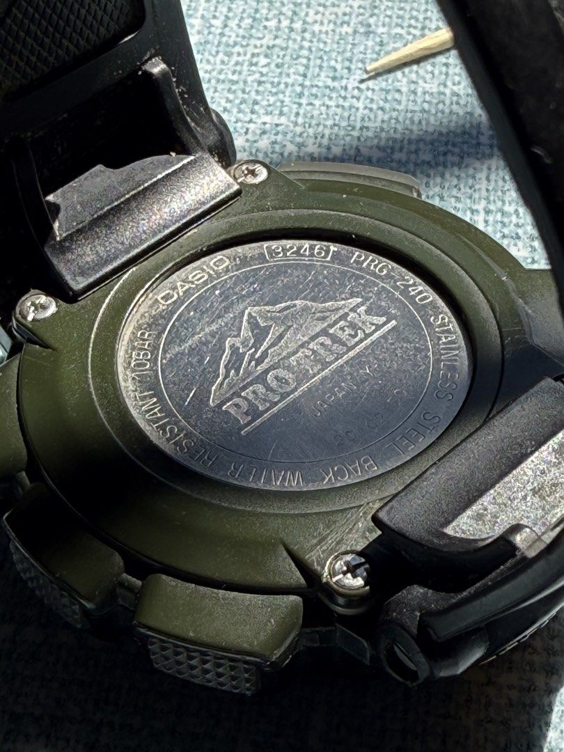 Casio Pro Trek PRG-240 Triple Sensor Watch (Category: Men's Watches) located in Taguig. Submitted by javaninja_xviii (Listing ID 1471229285, Image 1). Description: - Brand/Model: Casio Pro Trek PRG-240 (Module 3246 verified on case back) - Power: Tough Solar (never needs a battery change) - Sensors: Altimeter, Barometer, Compass, and Thermometer - Design: Black resin strap with Pro Trek branding on the keeper, accented with orange front adjust an