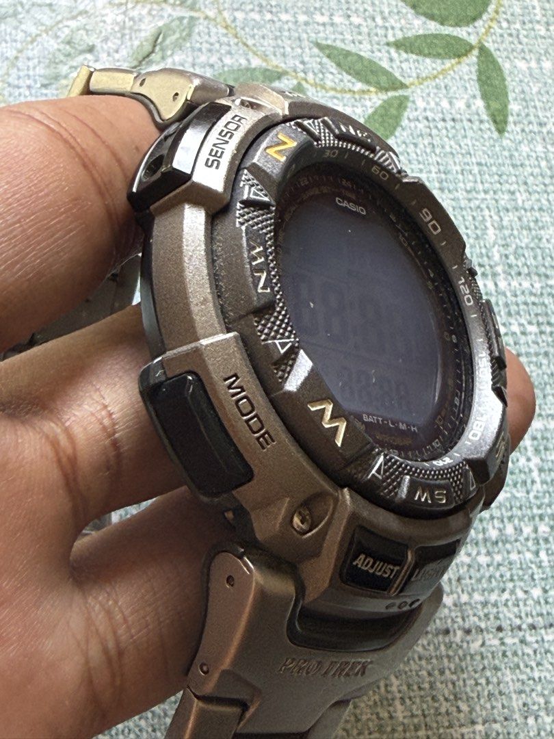 Casio Pro Trek RGP24 Titanium Triple Sensor Tough Solar Watch (Category: Men's Watches) located in Taguig. Submitted by javaninja_xviii (Listing ID 1471229286, Image 2). Description: - Casio Pro Trek digital outdoor watch - Tough Solar battery system (solar-powered) - Triple Sensor technology: built-in compass, barometer, and altimeter - Metal bracelet band with Casio signed clasp - Digital display is 100% working - Shows normal signs of use on t