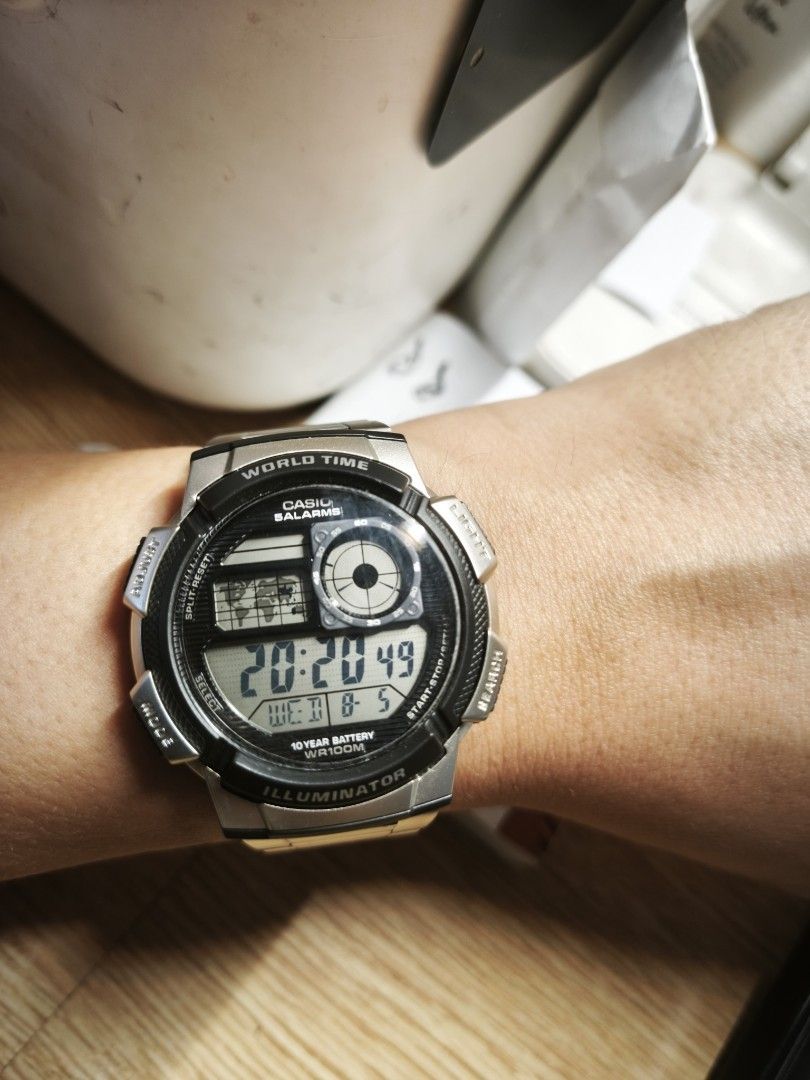 Casio World Time Illuminator Watch with Box and Manual (Category: Men's Watches) located in Mandaluyong City. Submitted by 54fleetfoot (Listing ID 1471176744, Image 3). Description: - Brand: Casio World Time watch - Strap: Durable stainless steel bracelet - Key Features: Digital display, world time map tracker, 10-year battery life, 100M water resistance - Condition: Works great with a clear, flawless screen and easy-to-read settings - Inclusions