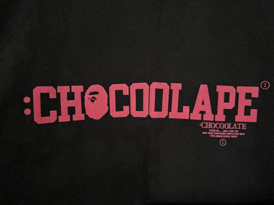 CHOCOOLATE Bathing Ape (BAPE) (Category: Tshirts & Polo Shirts ) located in Quezon City. Submitted by raphjohn (Listing ID 1471188884, Image 2). Description: - Brand::CHOCOOLATE x BAPE collab - XL on tag - Color: Black with pink SUEDE script/logo - Excellent Condition - Color rate 9.8/10 black na black in person -Location QC.