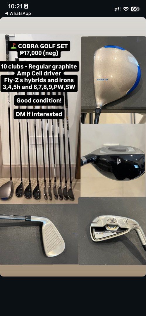 Cobra Men’s Golf Set Regular Graphite (Category: Golf) located in Manila. Submitted by caflaminia53135 (Listing ID 1471167958, Image 1). Description: - Total of 10 clubs in good overall condition - Regular graphite shafts for a smooth swing - Cobra Amp Cell driver included - Cobra Fly-Z S hybrids and irons (3, 4, 5h, 6, 7, 8, 9, PW, SW) - No golf bag included - Price is negotiable - Send a DM if interested.