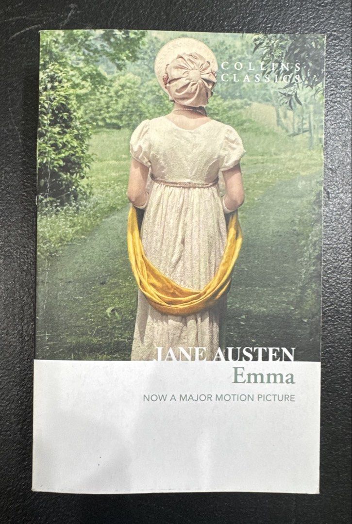 Collins Classics Emma Jane Austen Paperback Novel (Category: Storybooks) located in San Pedro. Submitted by pageturner19 (Listing ID 1471144868, Image 1). Description: - Title: Emma by Jane Austen - Edition: Collins Classics Paperback - Condition: Clean, crisp pages and intact binding - Special Features: Includes author's life and times section plus a classic literature glossary - Appearance: Beautiful green outdoor scene cover with a woman in pe