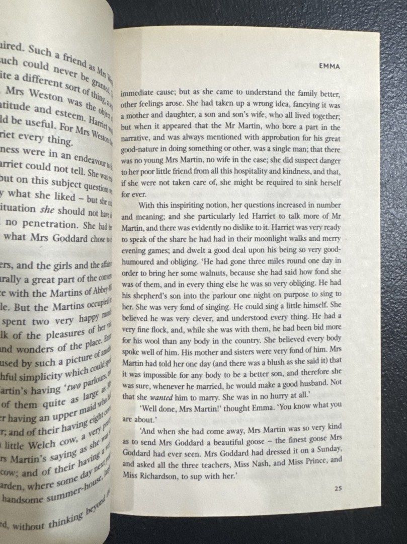 Collins Classics Emma Jane Austen Paperback Novel (Category: Storybooks) located in San Pedro. Submitted by pageturner19 (Listing ID 1471144868, Image 3). Description: - Title: Emma by Jane Austen - Edition: Collins Classics Paperback - Condition: Clean, crisp pages and intact binding - Special Features: Includes author's life and times section plus a classic literature glossary - Appearance: Beautiful green outdoor scene cover with a woman in pe