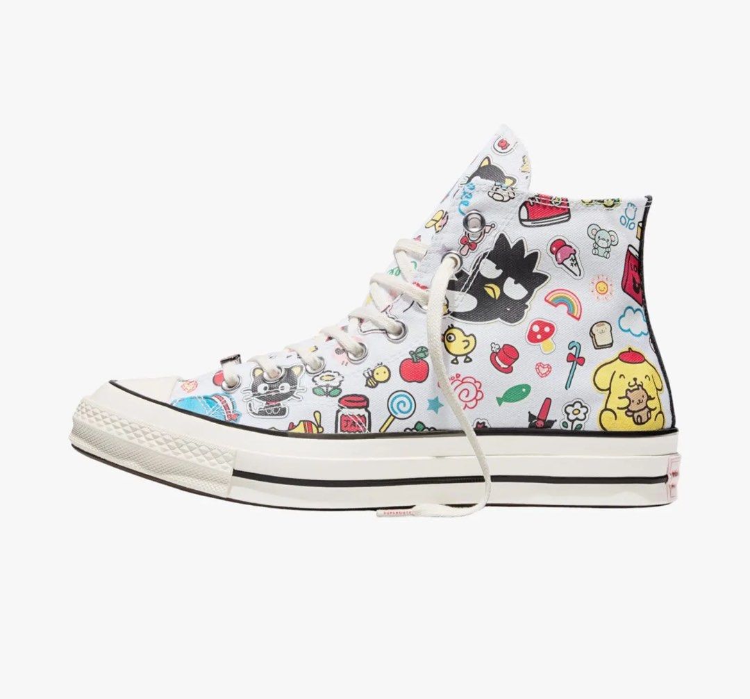 Converse x HELLO KITTY Chuck 70 | Limited Edition (Category: Sneakers) located in Marikina City. Submitted by teffiiee (Listing ID 1471207066, Image 3). Description: - Lightly use WITH BOX - Authentic Converse Chuck 70 high-top sneakers - White canvas upper covered in colorful Sanrio characters ( Kitty, Tuxedosam, Badtz-Maru) - Classic rubber toe cap and stylish black midsole piping - Cute pink heel patch with Kitty branding - Includes standard w