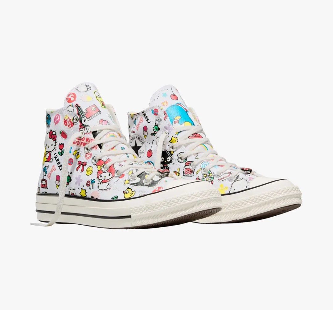 Converse x HELLO KITTY Chuck 70 | Limited Edition (Category: Sneakers) located in Marikina City. Submitted by teffiiee (Listing ID 1471207066, Image 2). Description: - Lightly use WITH BOX - Authentic Converse Chuck 70 high-top sneakers - White canvas upper covered in colorful Sanrio characters ( Kitty, Tuxedosam, Badtz-Maru) - Classic rubber toe cap and stylish black midsole piping - Cute pink heel patch with Kitty branding - Includes standard w
