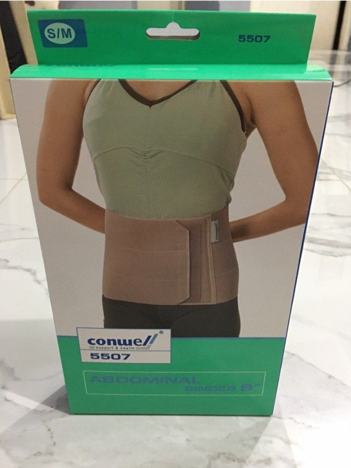Conwell Abdominal Binder 9" Model 5507 S/M (Category: Medical Supplies & Tools) located in Bacoor. Submitted by thriftworksph (Listing ID 1471164352, Image 1). Description: - Brand: Conwell (Model 5507, Made in Taiwan) - Size: S/M (Fits waist 25 to 38 inches) - Color: Beige - Support Level: Level 1 protection and support - Material: 60% polyester, 15% nylon, 15% rubber, 10% PU foam - Condition: Brand new, unused in original plastic packaging with