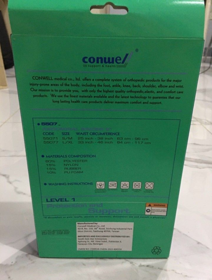 Conwell Abdominal Binder 9" Model 5507 S/M (Category: Medical Supplies & Tools) located in Bacoor. Submitted by thriftworksph (Listing ID 1471164352, Image 2). Description: - Brand: Conwell (Model 5507, Made in Taiwan) - Size: S/M (Fits waist 25 to 38 inches) - Color: Beige - Support Level: Level 1 protection and support - Material: 60% polyester, 15% nylon, 15% rubber, 10% PU foam - Condition: Brand new, unused in original plastic packaging with