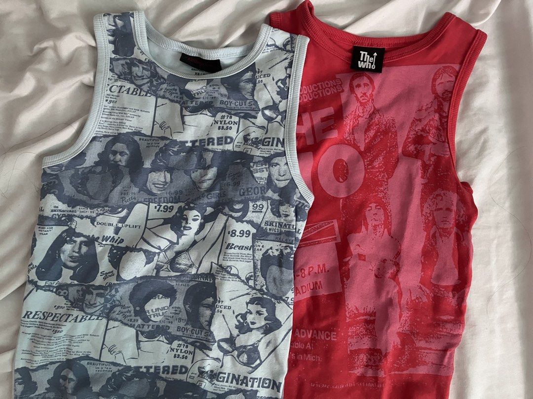 Cotton On Graphic Tank Tops Bundle Set (Category: Sleeveless) located in Santa Rosa. Submitted by astral97s (Listing ID 1471121696, Image 1). Description: - Brand: Cotton On - Size: XXS for the pink tank and XS for the blue one - Items: 2 graphic tank tops (Light Blue Vintage Newspaper Print & Bright Red The Who Band Graphic) - Bundle deal: Selling both together - wore only 3 times - rfs: out of style - if payo: can get 799.