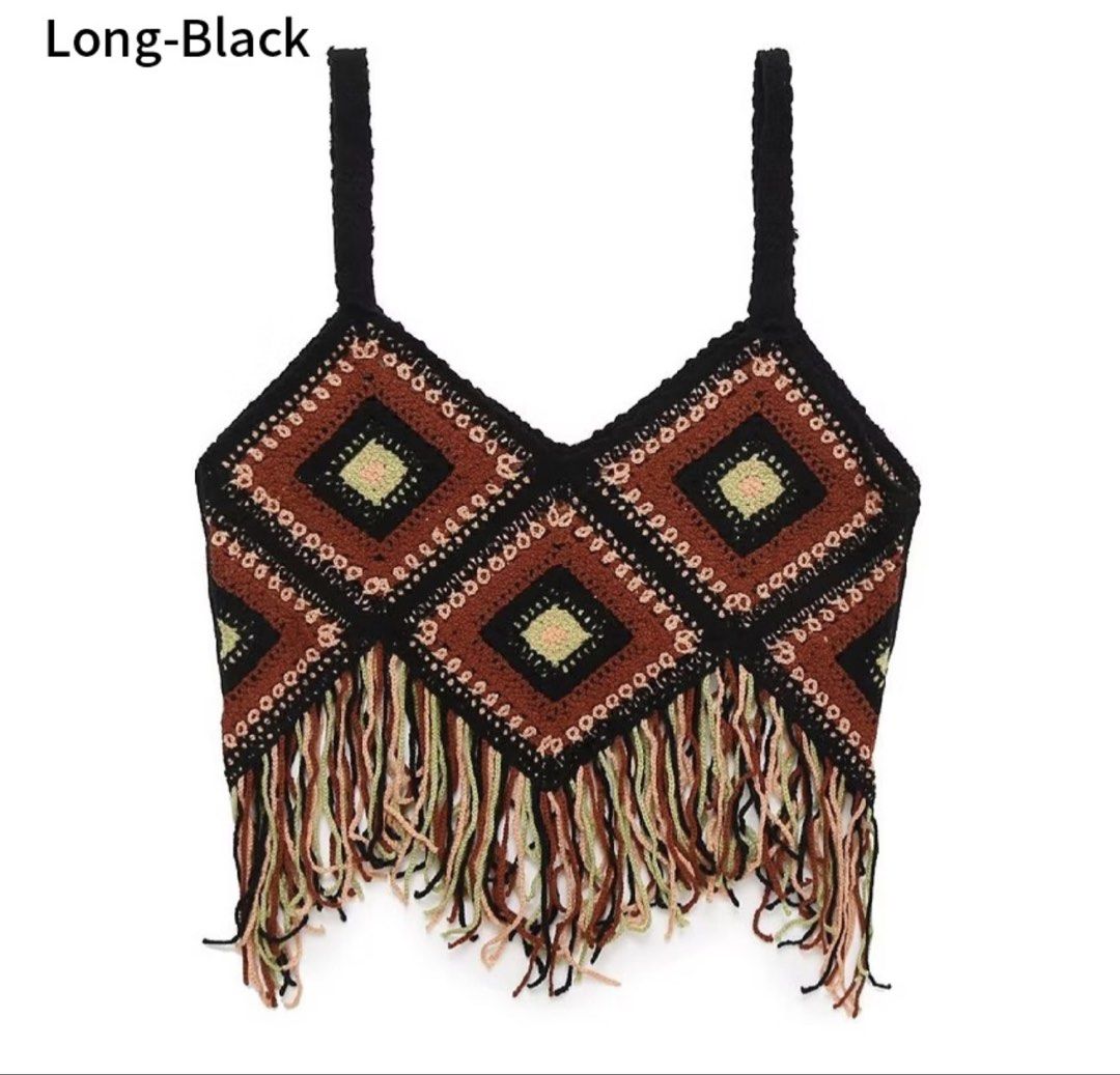 Crochet Diamond Pattern Fringe Crop Top (Category: Sleeveless) located in San Juan City. Submitted by declutterwithxz (Listing ID 1471162712, Image 1). Description: - Style: Boho chic crochet crop top - Design: Multi-color diamond geometric pattern (black, brown, peach, pale green) - Details: Thick braided straps and long fringed hem - Material: Lightweight knit - Perfect for: Music festivals, beach trips, or summer vacays - Condition: Brand new 