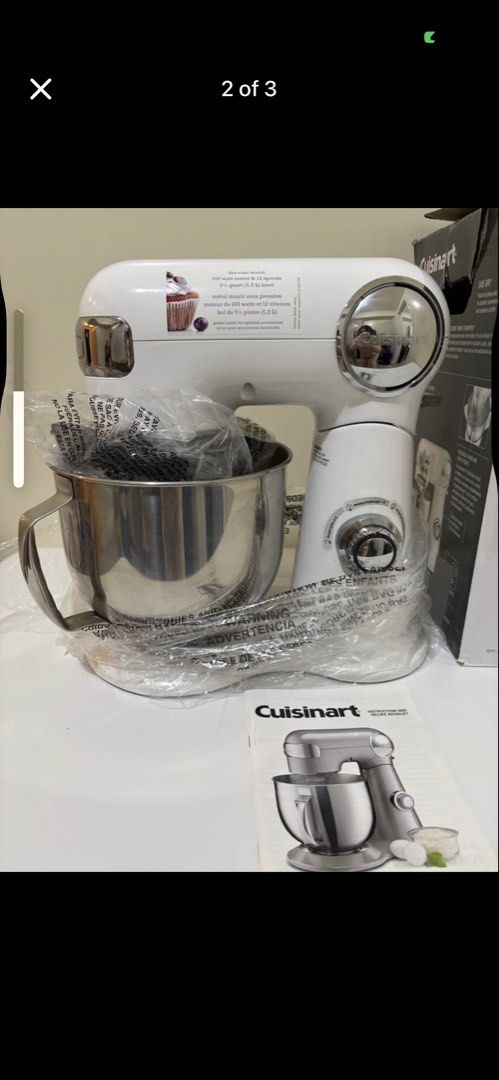Cuisinart 5.5 Quart Stand Mixer White (Category: Hand & Stand Mixers) located in Manila. Submitted by hen57camsher (Listing ID 1471151986, Image 1). Description: Cuisinart stand mixer 5.5 quart.110V with complete attachment-whisk, Dough hook. Flat mixing paddle. Lightly used good as new..
