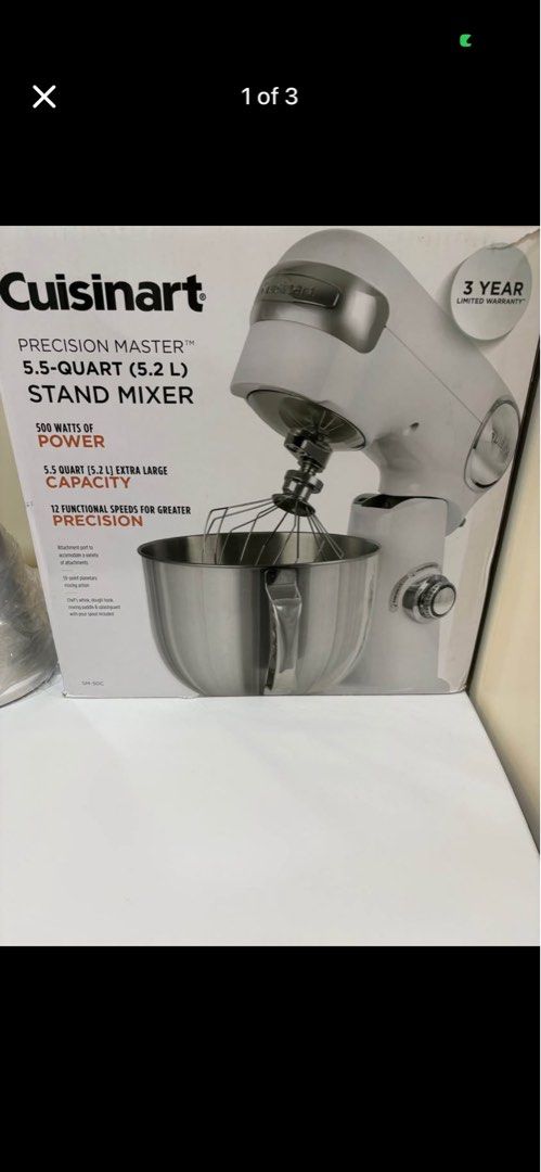 Cuisinart 5.5 Quart Stand Mixer White (Category: Hand & Stand Mixers) located in Manila. Submitted by hen57camsher (Listing ID 1471151986, Image 2). Description: Cuisinart stand mixer 5.5 quart.110V with complete attachment-whisk, Dough hook. Flat mixing paddle. Lightly used good as new..