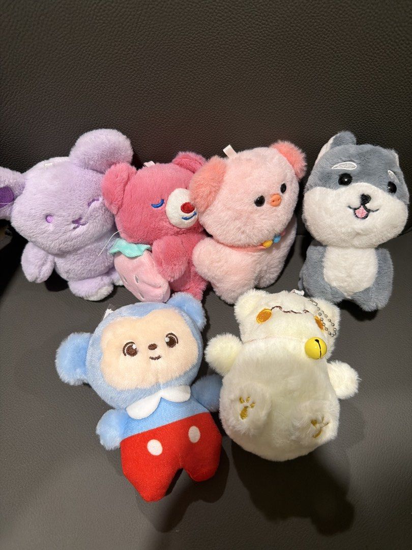 Cute assorted plush toys keychains set (Category: Plushies & Soft Toys) located in San Juan City. Submitted by lilminey (Listing ID 1471253662, Image 1). Description: - Set of 6 adorable mini plush toys (purple bunny, strawberry bear, pink pig, grey dog, blue character, and white cat) - Super soft and huggable material - Versatile: great for hanging on bags, backpacks, or keys - Assorted colors and fun designs - Selling as a bundle only.