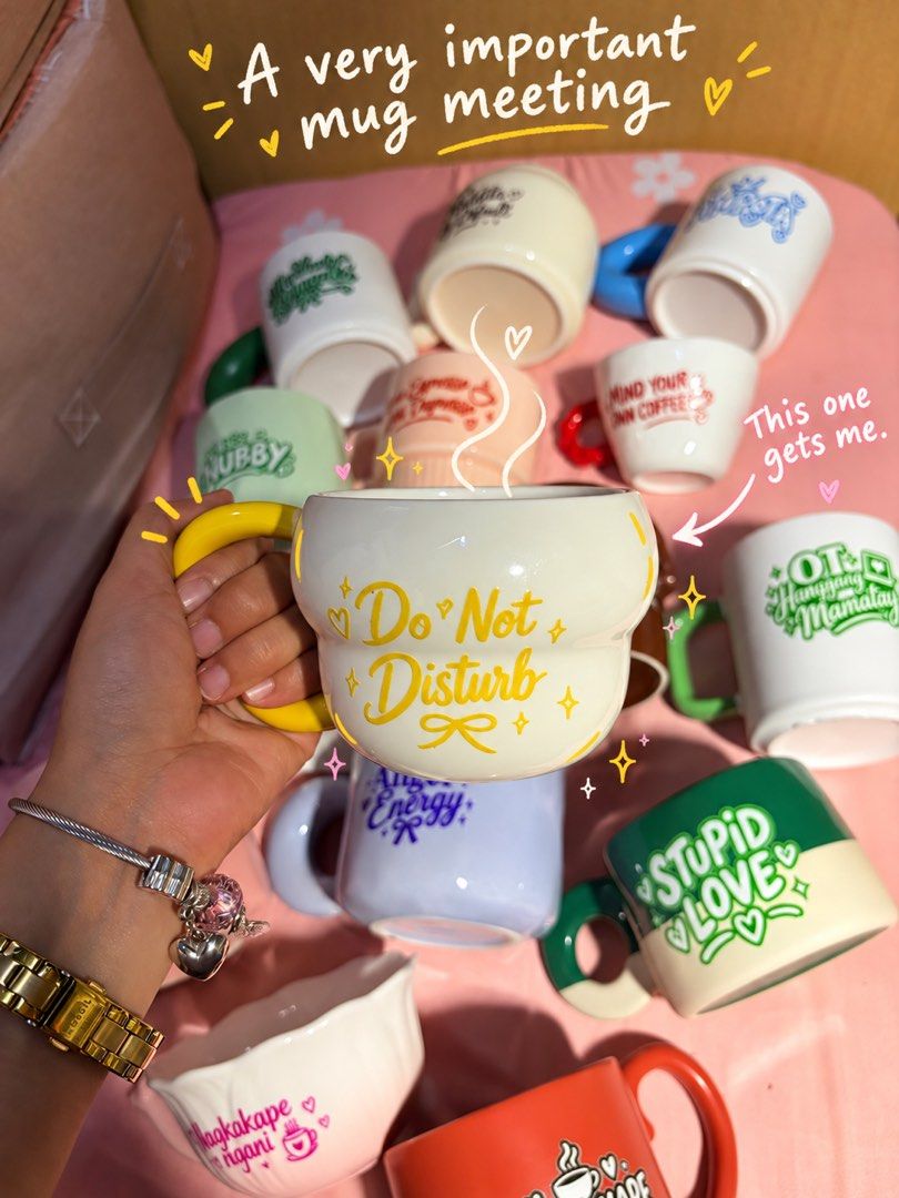 Cute Ceramic Mugs with Funny Quotes and Designs (Category: Coffee & Tea Tableware) located in Manila. Submitted by kniccknacks (Listing ID 1471182763, Image 1). Description: - Quirky ceramic mugs with pastel colors and funny sayings (Do Not Disturb, Stupid Love, OT Hanggang Mamatay) - Chunky round design featuring yellow handles and green bottoms - Great for daily morning coffee or cute desk decor - Available to buy individually or as a set - Shi