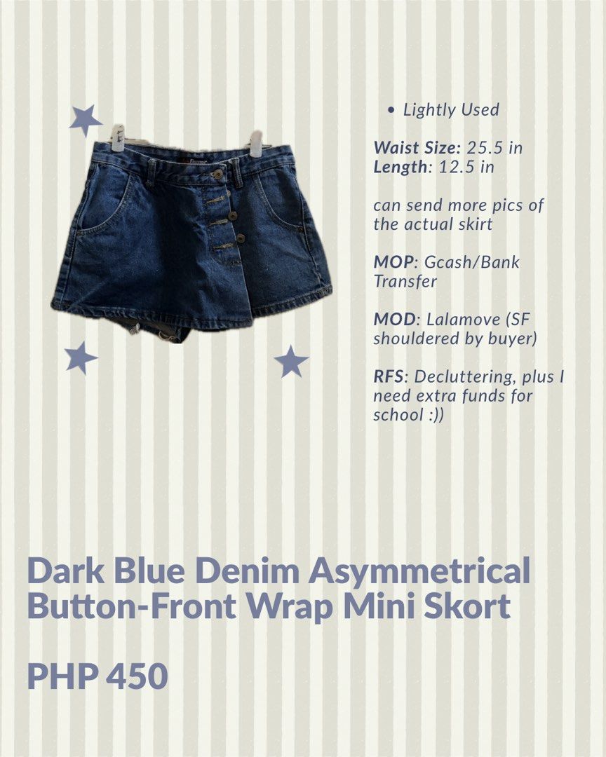 Dark Blue Denim Asymmetrical Button-Front Wrap Mini Skort (Category: Skirts) located in Pasig City. Submitted by erykhavvv (Listing ID 1471200602, Image 1). Description: Lightly Used Waist Size: 25.5 in Length: 12.5 in can send more pics of the actual skirt MOP: Gcash/Bank Transfer MOD: Lalamove (SF shouldered by buyer) RFS: Decluttering, plus I need extra funds for school :)).