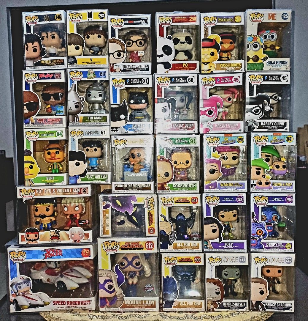 Decluttering Assorted Funko Pop SALE (Category: Designer & Blind Box Toys) located in Taguig. Submitted by naxinator (Listing ID 1471165159, Image 1). Description: ASSORTED FUNKO DECLUTTERING SALE! #346 Michael Jackson (Superbowl) - PHP 1350 #284 V (BTS Butter) - PHP 400 #778 Leonard Hofstadter in Robe (Big Bang Theory) - PHP 800 #250 Po (Kung Fu Panda) - PHP 800 #280 Puss in Boots OG (Shrek) - PHP 850 #125 Hula Minion (Despicable Me) - PHP 750 #