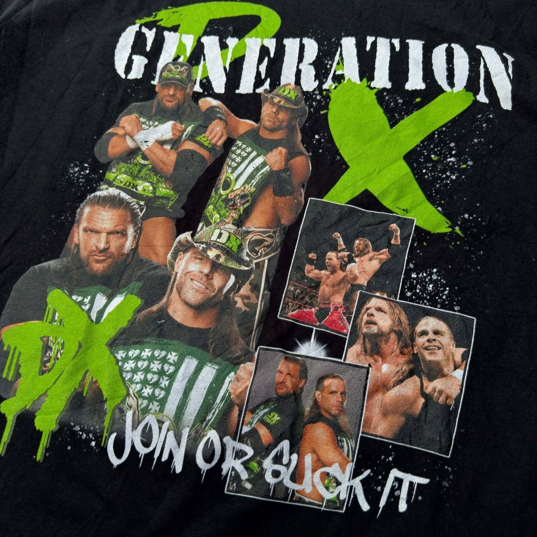 D-Generation X Wrecking Black T-Shirt (Category: Tshirts & Polo Shirts ) located in Manila. Submitted by stoned_thrift (Listing ID 1471255870, Image 2). Description: - Design: D-Generation X (Triple H & Shawn Michaels) with iconic 'Join or Suck It' neon green and white graphic - Brand/Tag: Standard Gildan tag - Size: Medium best fit large - Dimension: 21 x 28 - Fit & Material: Classic relaxed fit, comfortable cotton fabric - Style: Short sleeves,