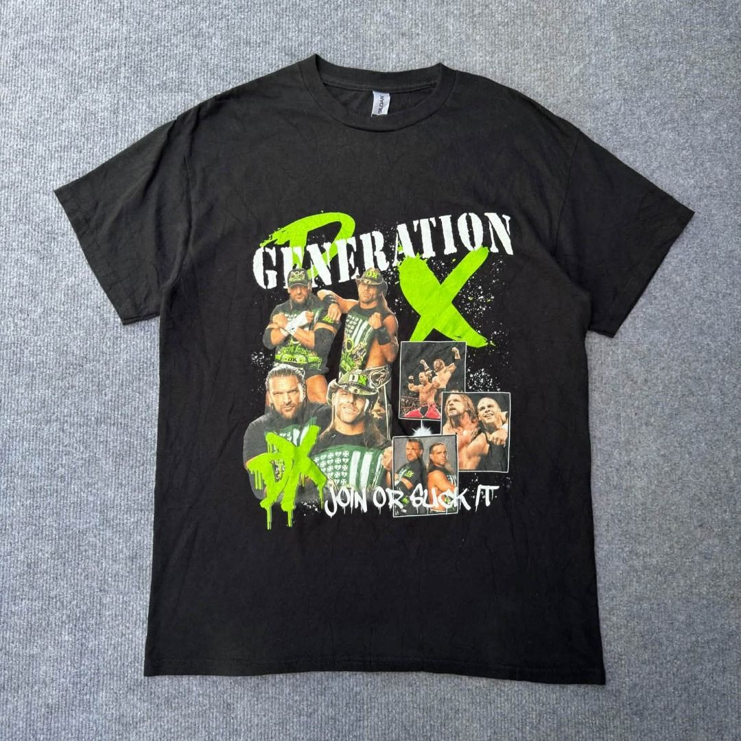 D-Generation X Wrecking Black T-Shirt (Category: Tshirts & Polo Shirts ) located in Manila. Submitted by stoned_thrift (Listing ID 1471255870, Image 1). Description: - Design: D-Generation X (Triple H & Shawn Michaels) with iconic 'Join or Suck It' neon green and white graphic - Brand/Tag: Standard Gildan tag - Size: Medium best fit large - Dimension: 21 x 28 - Fit & Material: Classic relaxed fit, comfortable cotton fabric - Style: Short sleeves,