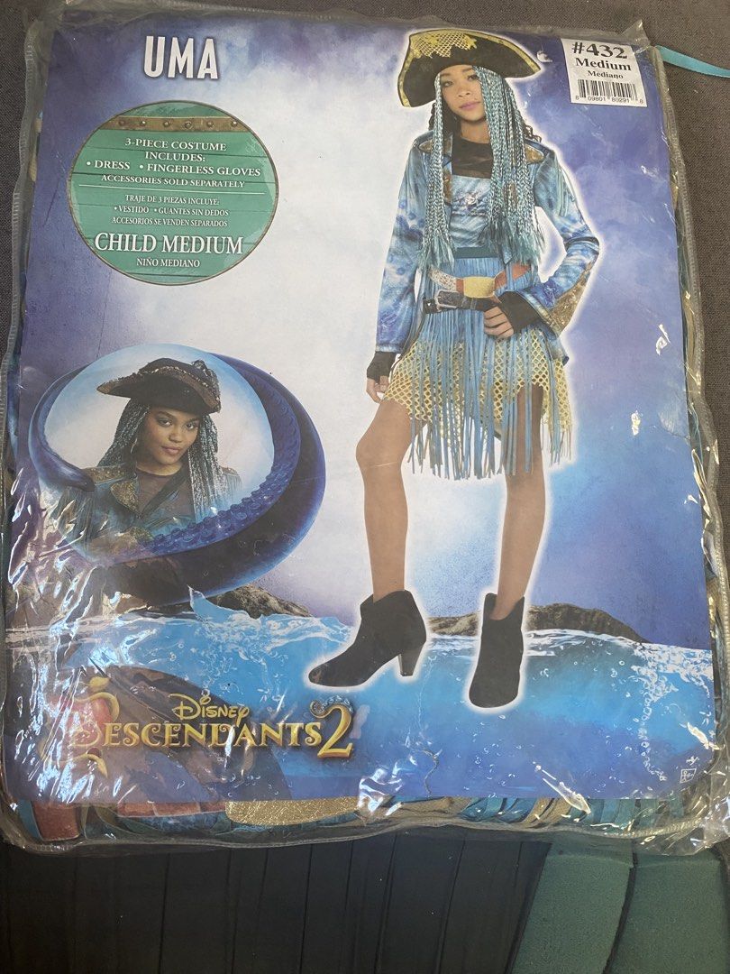 Disney Descendants 2 Uma Child Medium Costume (Category: Babies & Kids Fashion) located in Manila. Submitted by jossarisar23239 (Listing ID 1471126679, Image 1). Description: - Brand: Disney Descendants 2 (Uma Pirate Costume) - Size: Child Medium (8-10) - Inclusions: Dress and fingerless gloves - Condition: Brand new, still sealed in original plastic packaging - Ideal for: Halloween parties, dress-up, and school events.