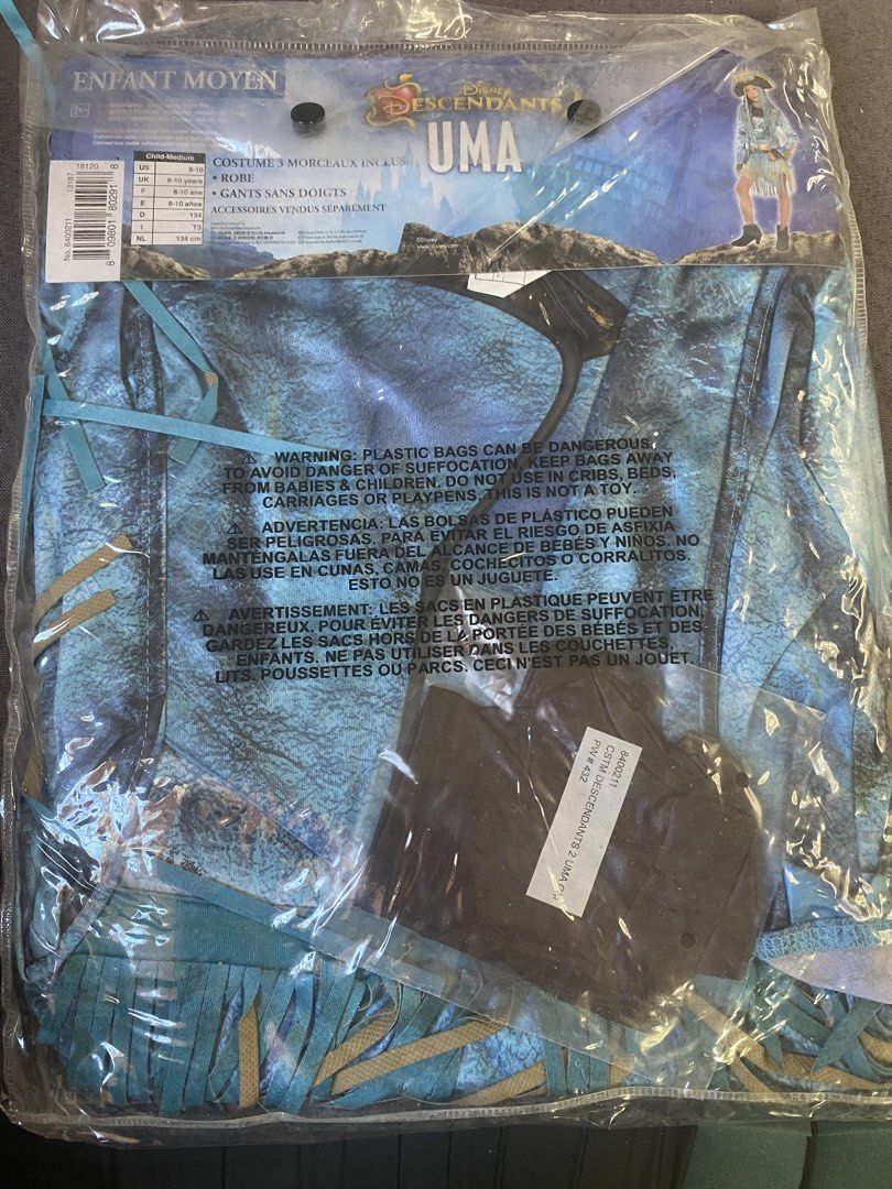 Disney Descendants 2 Uma Child Medium Costume (Category: Babies & Kids Fashion) located in Manila. Submitted by jossarisar23239 (Listing ID 1471126679, Image 2). Description: - Brand: Disney Descendants 2 (Uma Pirate Costume) - Size: Child Medium (8-10) - Inclusions: Dress and fingerless gloves - Condition: Brand new, still sealed in original plastic packaging - Ideal for: Halloween parties, dress-up, and school events.