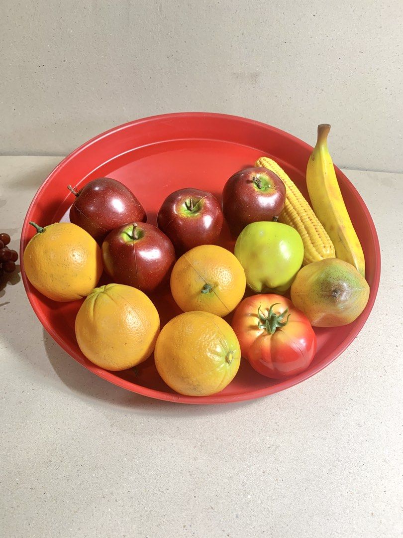 AllState brand Display fruit set 16pc Set 1 (Category: Artificial Plants & Flowers) located in Mandaue City. Submitted by maxguiller89260 (Listing ID 1471256881, Image 3). Description: 16 pc set display fruit 4 oranges 4 washington apples 1 granny apple 1 tomato 1 pear 1 corn cob 1 banana 3 bunches of grapes, dark purple/light burgundy and dark burgundy Tray for holding items, pls indicate if wanting the tray., shipping will change drastically si