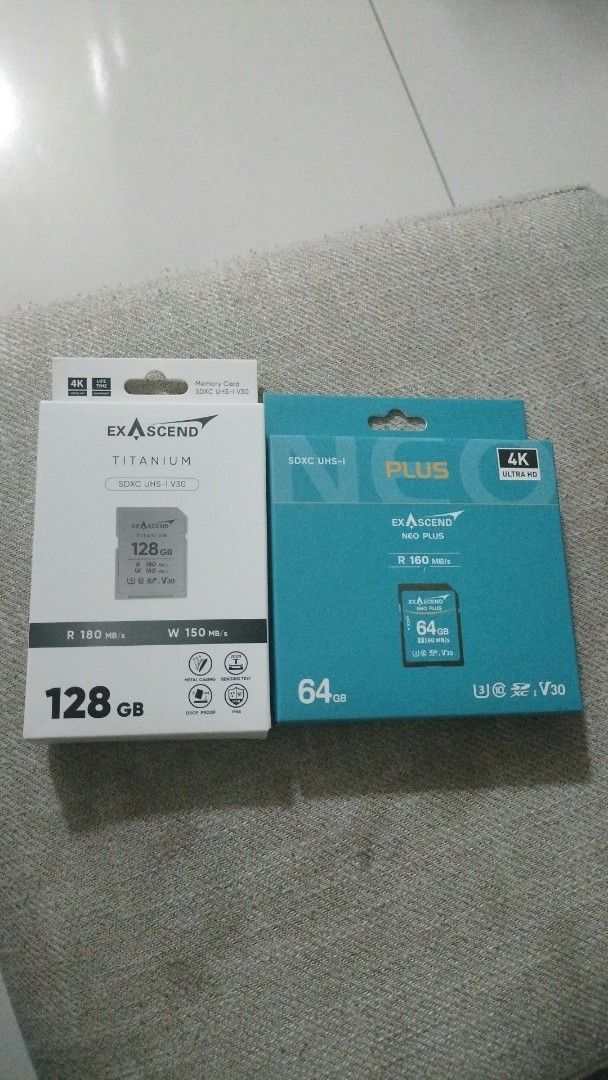 Exascend Titanium and Neo Plus SD Cards (Category: Memory & SD Cards) located in Pasig City. Submitted by mondskieee (Listing ID 1471277383, Image 1). Description: Exascend Titanium 128GB SD Card Limited Edition with Official Canon Photomarathon Engraved, V30 - 4,000PHP Exascend Neo Plus 64GB SD Card, V30 - 2,000PHP Both SD Cards are BRAND-NEW Delivery via Grab, Lalamove and JNT Payment via Gcash and Bank Transfer.