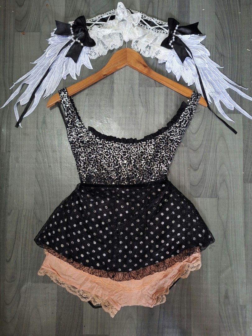 Fairy Cosplay Outfit Sequin Top Wings Set (Category: Sets or Coordinates) located in Manila. Submitted by irramay0064845 (Listing ID 1471141249, Image 2). Description: - Complete fairy cosplay set ready to wear - Includes peach and silver sequin tops and layered lace shorts - Comes with angel wings featuring black ribbon bows and pearl strands - Includes matching lace headbands - Versatile pieces with multiple styling options - Ideal for parties,