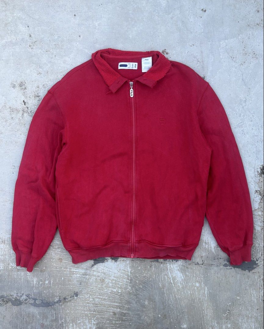 Fila Red Full-Zip Collared Sweatshirt (Category: Coats, Jackets and Outerwear) located in Calamba. Submitted by lyrons.wardrobe (Listing ID 1471276354, Image 1). Description: 23x26.5 Has a small logo embroidered .