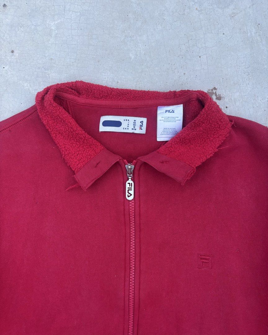Fila Red Full-Zip Collared Sweatshirt (Category: Coats, Jackets and Outerwear) located in Calamba. Submitted by lyrons.wardrobe (Listing ID 1471276354, Image 2). Description: 23x26.5 Has a small logo embroidered .