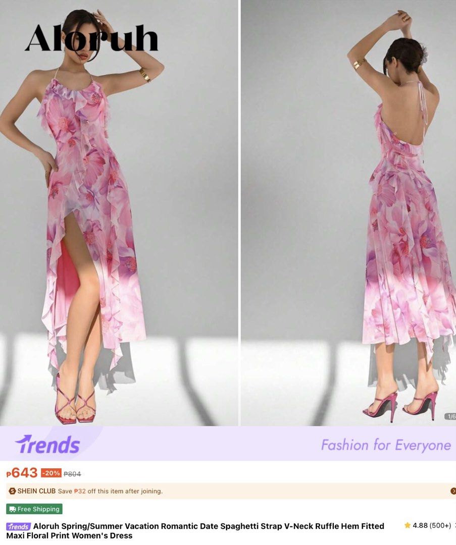 Floral Print Maxi Dress (Category: Dresses) located in Manila. Submitted by flairetaylan (Listing ID 1471256250, Image 3). Description: - Brand: Sheib - Style: Pink floral maxi dress with spaghetti straps, low open back, ruffled hem, and front slit - Material: Lightweight chiffon - Condition: Great, worn once for a photoshoot with no stains or loose threads - Perfect for vacations and special occasions.