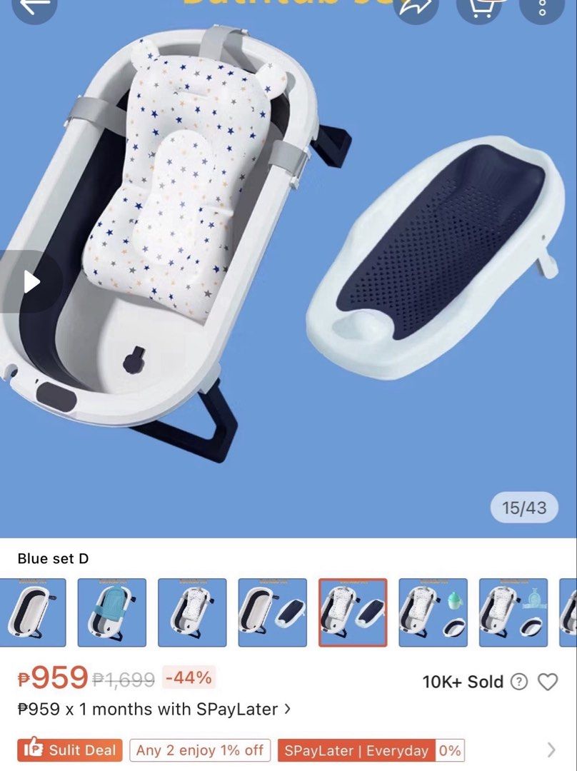 Foldable Baby Bathtub Set with Bath Cushion (Category: Bathtub & Bath Accessories) located in Pasay City. Submitted by lovedbyfrance (Listing ID 1471121297, Image 1). Description: - Brand new and still sealed in original plastic packaging - Color: Blue and white - Space-saving foldable design, ideal for home or travel - Includes foldable tub frame, support mesh seat, and star-patterned cushion pillow.