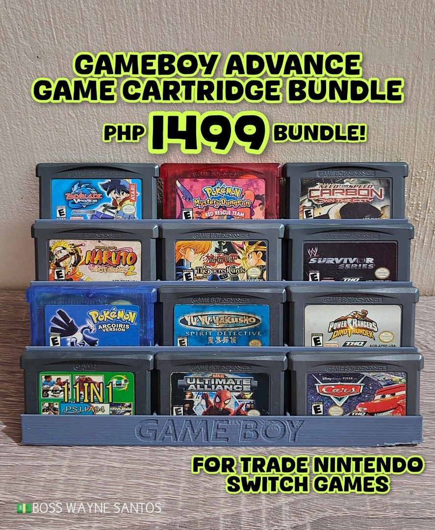 Game Boy Advance Game Cartridge Bundle 12 Games (Category: Nintendo) located in Marikina City. Submitted by waynewayne2 (Listing ID 1471271044, Image 1). Description: FOR SALE OR TRADE +cash Pampanga meetup Jnt, lbc or lalamove sa malayo 09760568942 Untested, wala ako gameboy e, 1500 bundle, bali nasa 125 lang each, puedeng puede pang display or ipang games kng my gba ka.