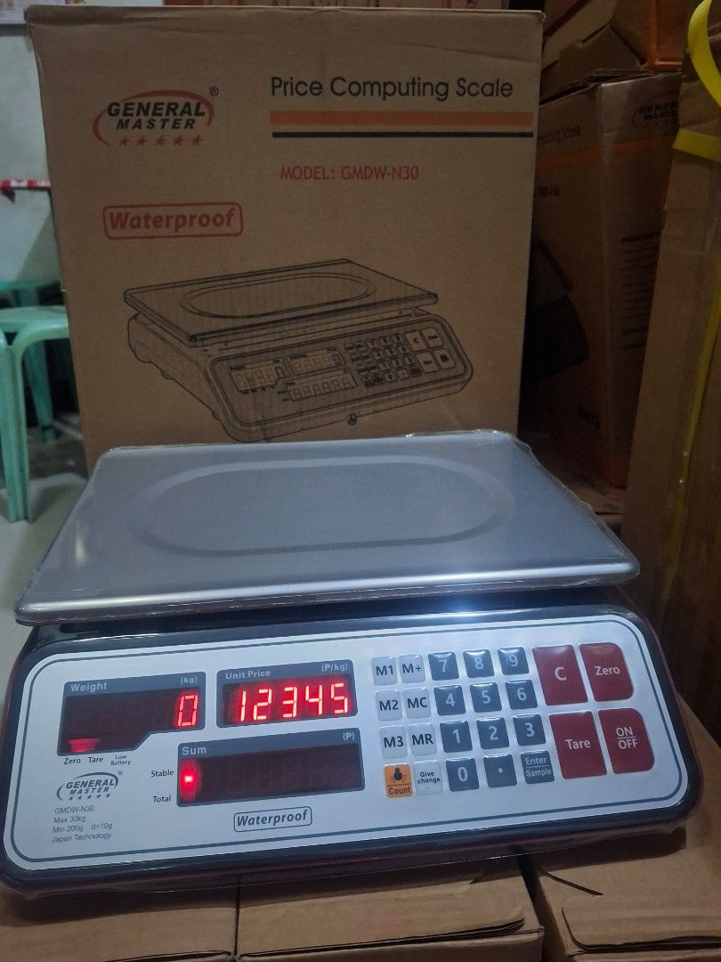 General Master GMDW-N30 Price Computing Scale Timbangan 30Kg (Category: Industrial Equipment) located in Manila. Submitted by tintin1224 (Listing ID 1471201474, Image 1). Description: - Brand: General Master GMDW-N30 - Capacity: Up to 30kg with high precision strain gauge technology - Display: Dual red LED screen showing weight, unit price, and total amount - Build: Waterproof design with a sturdy pressure-protected framework - Power: Built-in re