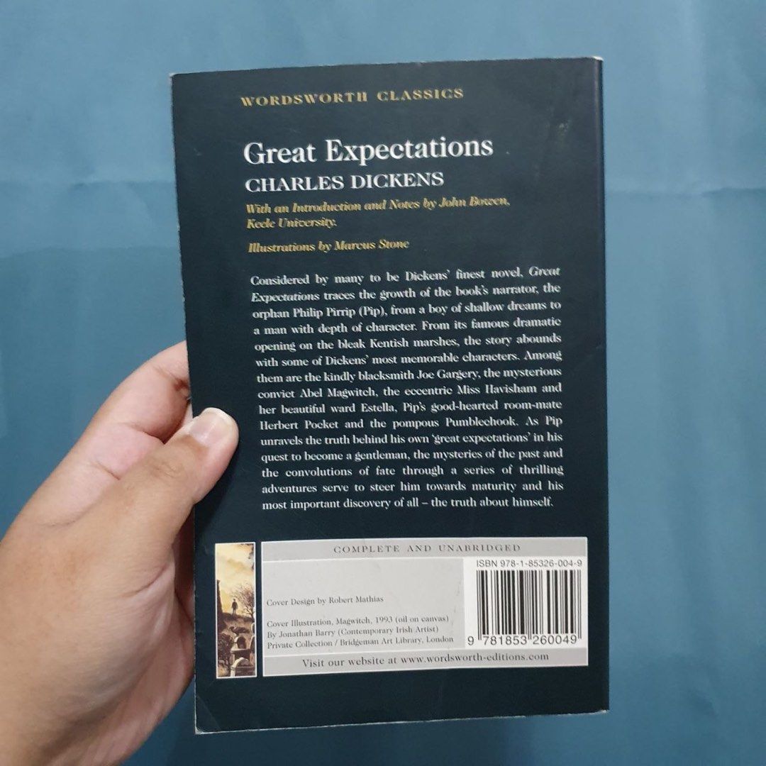 Great Expectations by Charles Dickens Wordsworth Classics Paperback Book (Category: Storybooks) located in San Pedro. Submitted by rainyydayy (Listing ID 1471196370, Image 2). Description: - Title & Author: Great Expectations by Charles Dickens (Wordsworth Classics Edition) - ISBN: 978-1-85326-004-9 - Edition Highlights: Complete and unabridged text, includes an introduction and notes by John Bowen (Keele University), and cover illustration by Jo