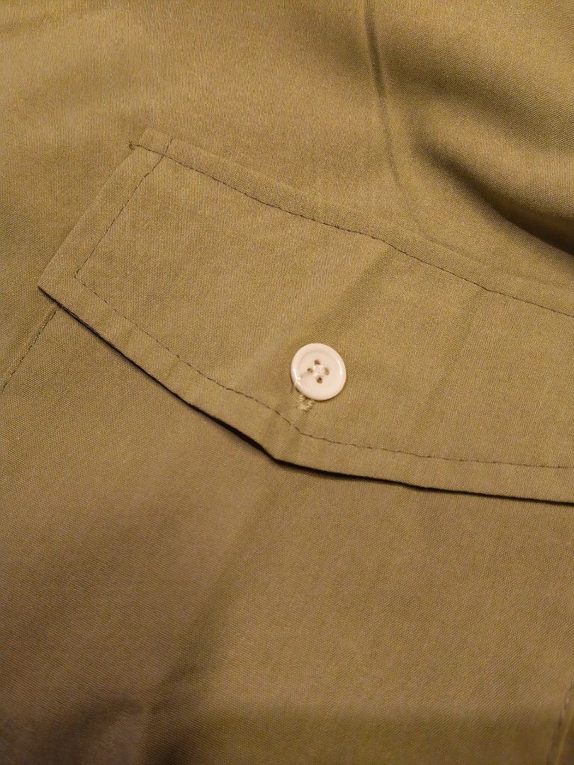 Green button-up shirt with front pockets size M (Category: Shirts) located in Las Pinas. Submitted by sam_twin_d (Listing ID 1471127018, Image 3). Description: - Brand: New with original store tag attached - Size: Medium (M) - Color: Solid olive-khaki / green - Style: Relaxed fit, long-sleeve button-down - Features: Dual chest pockets and contrasting white buttons - Condition: Fresh and unworn - Versatility: Easy to match for everyday casual outf