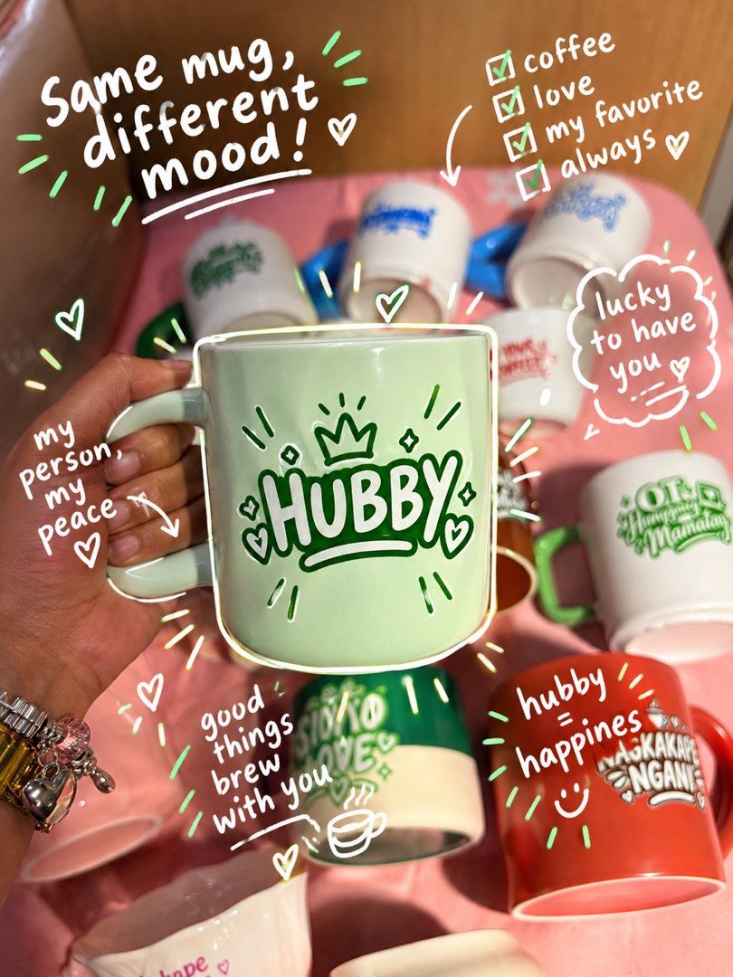 Green Hubby Ceramic Coffee Mug (Category: Coffee & Tea Tableware) located in Manila. Submitted by kniccknacks (Listing ID 1471183487, Image 1). Description: - Color: Mint green with dark green accents - Design: Bold 'HUBBY' graphic with crown and heart motifs - Finish: Glossy surface with a comfortable curved handle - Usage: Ideal daily mug for morning coffee, tea, or any hot beverage - Note: Other assorted colors available in separate listings.