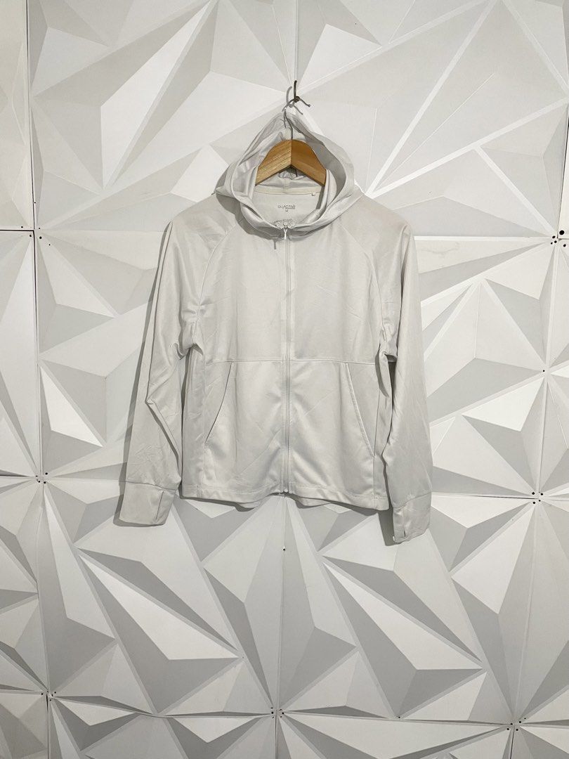 GU Active White Zip-Up Hoodie Jacket Size M (Category: Coats, Jackets and Outerwear) located in Cabuyao City. Submitted by ParadisethriftedPh (Listing ID 1471291527, Image 1). Description: Cr: 9.5/10 Dimensions W: 19.5 L: 22-24 - Brand: GU Active - Style: Full-zip hoodie - Color: White - Size: M - Material: Lightweight athletic fabric - Features: Thumbholes on cuffs and front pockets - Condition: Clean inside and out, great for workouts or casual
