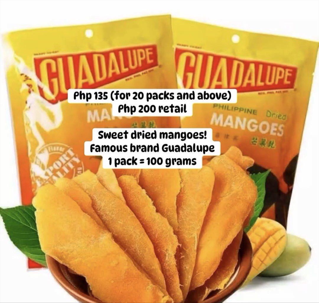 GUADALUPE DRIED MANGOES 100 grams (Category: Packaged & Instant Food) located in Manila. Submitted by abichoa (Listing ID 1471165027, Image 1). Description: ORIGINAL GUADALUPE DRIED MANGOES 1 pack= 100 grams To avail 135 pesos per pack, minimum is 20 packs Otherwise, 200 pesos per pack :).