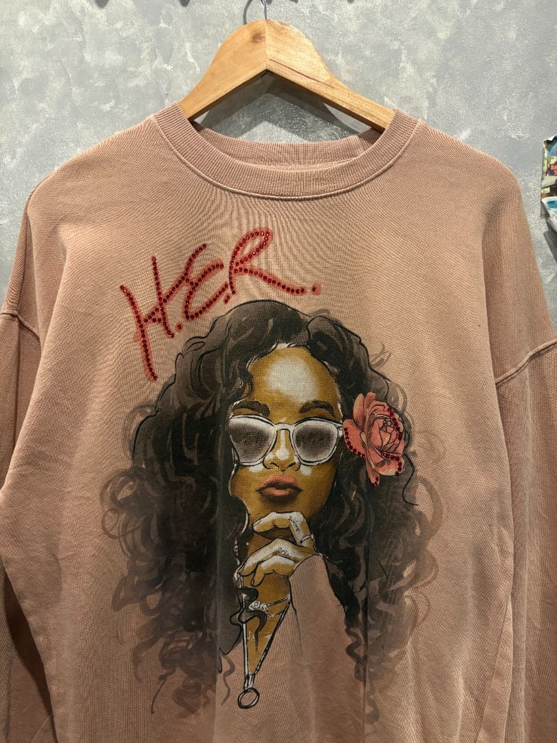 HER Sweater Merch (Category: Coats, Jackets and Outerwear) located in Quezon City. Submitted by outofhabits_store (Listing ID 1471235048, Image 2). Description: Size: Small Width: 24 inches Length: 26 inches Buy 2 items worth 600 pesos and get them for 1,000 Payment method: GCash Shipping options (shouldered by buyer): J&T 3-7 days, Lalamove or Grab within the day Location: Quezon City Please manage your expectations as this item is not brand new
