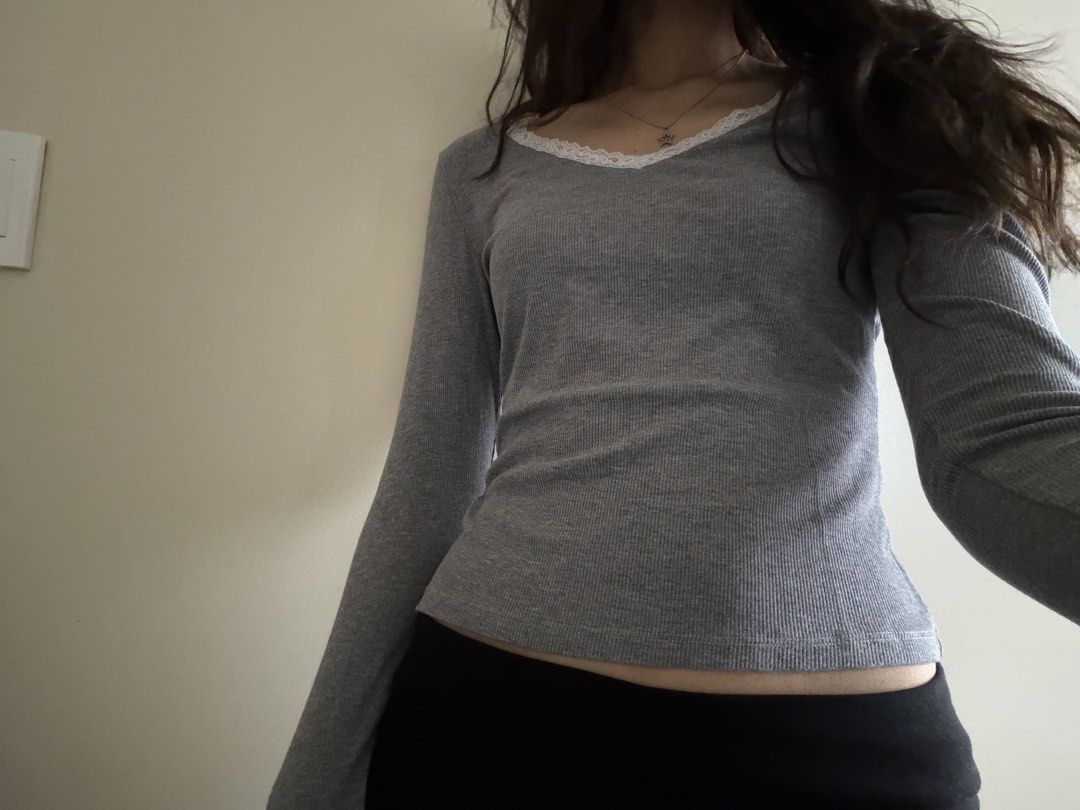 H&M Grey White Lace Long Sleeve Top (Category: Longsleeves) located in Taguig. Submitted by sweetberrry (Listing ID 1471225536, Image 1). Description: color on camera may differ (actual photo when worn).