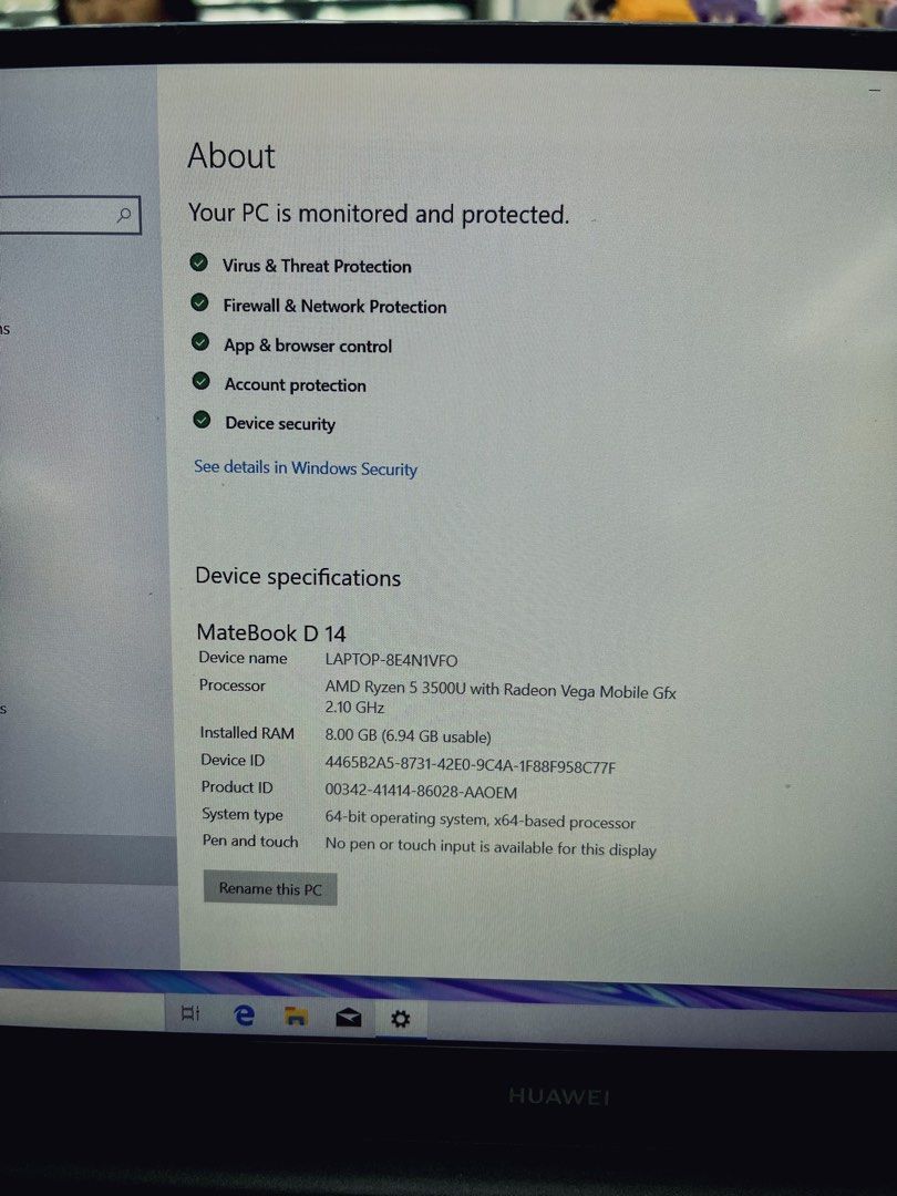 Huawei MateBook D 14 Ryzen 5 Laptop (Category: Laptops & Notebooks) located in Pasig City. Submitted by frenzybabe (Listing ID 1471127568, Image 2). Description: - Model: Huawei MateBook D 14 Laptop - Color: Sleek Blue-Grey - Processor: AMD Ryzen 5 3500U with Radeon Vega Mobile Gfx (2.10 GHz) - Memory: 8.00 GB RAM - Operating System: 64-bit, x64-based processor (Windows) - Key Feature: Built-in secure pop-up webcam nestled between F6 and F7 keys 